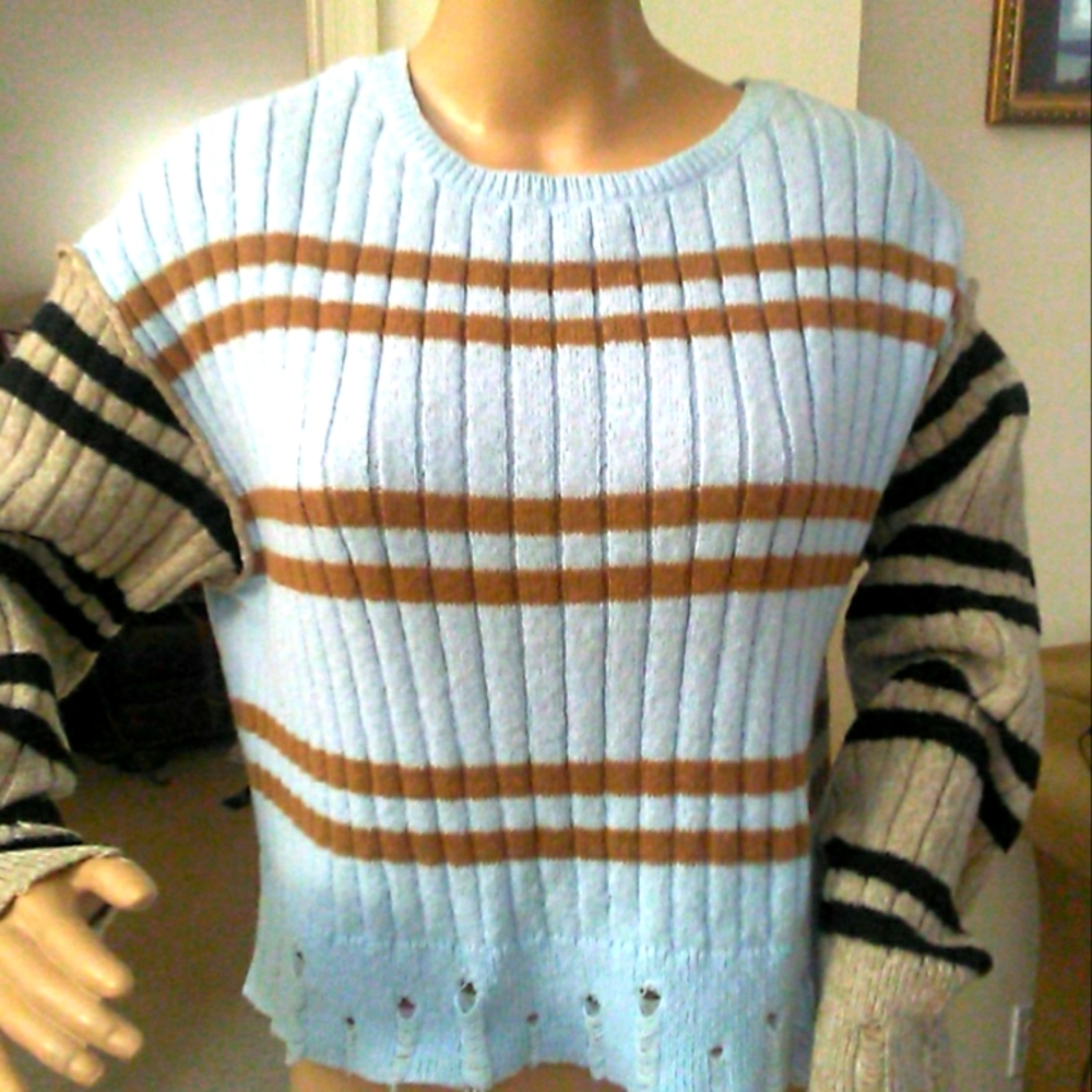BNWOT DISTRESSED SWEATER BY SO SZ. MED SOFT MULTI COLOR STRIPED ( HOLES IN IT)